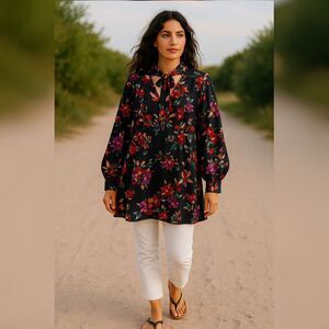 EVRI 4X Floral Tie Neck Tunic Blouse Black Red Purple Long Sleeve Semi Sheer